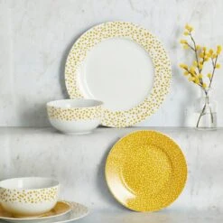 Dunelm Dotty Ochre 12 Piece Dinner Set