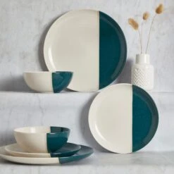 Dunelm Elements Dipped Teal 12 Piece Dinner Set