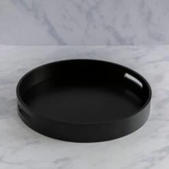 Dunelm Wooden Round Black Tray With Handles