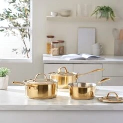 Dunelm Gold Matt Effect 3 Piece Saucepan Set